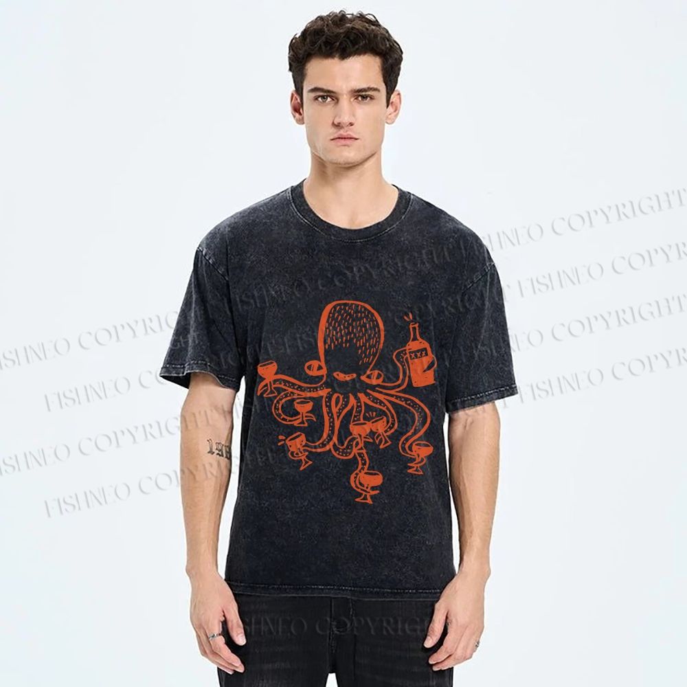 Unisex Funny Octopus Get Drunk Printed Washed Tee