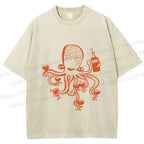 Unisex Funny Octopus Get Drunk Printed Washed Tee