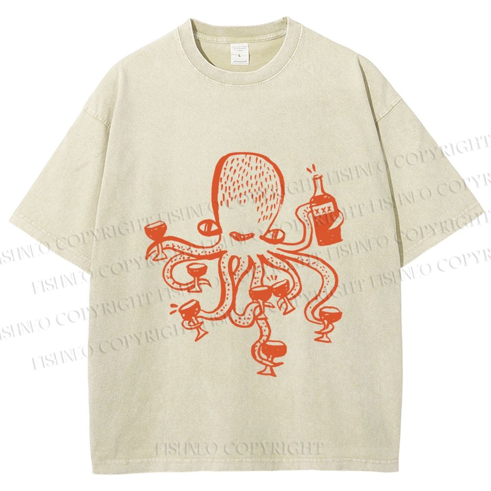 Unisex Funny Octopus Get Drunk Printed Washed Tee