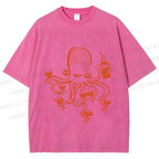 Unisex Funny Octopus Get Drunk Printed Washed Tee