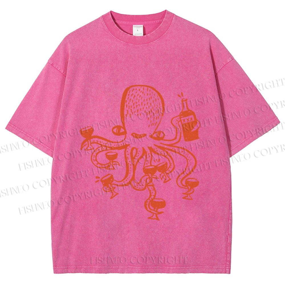 Unisex Funny Octopus Get Drunk Printed Washed Tee