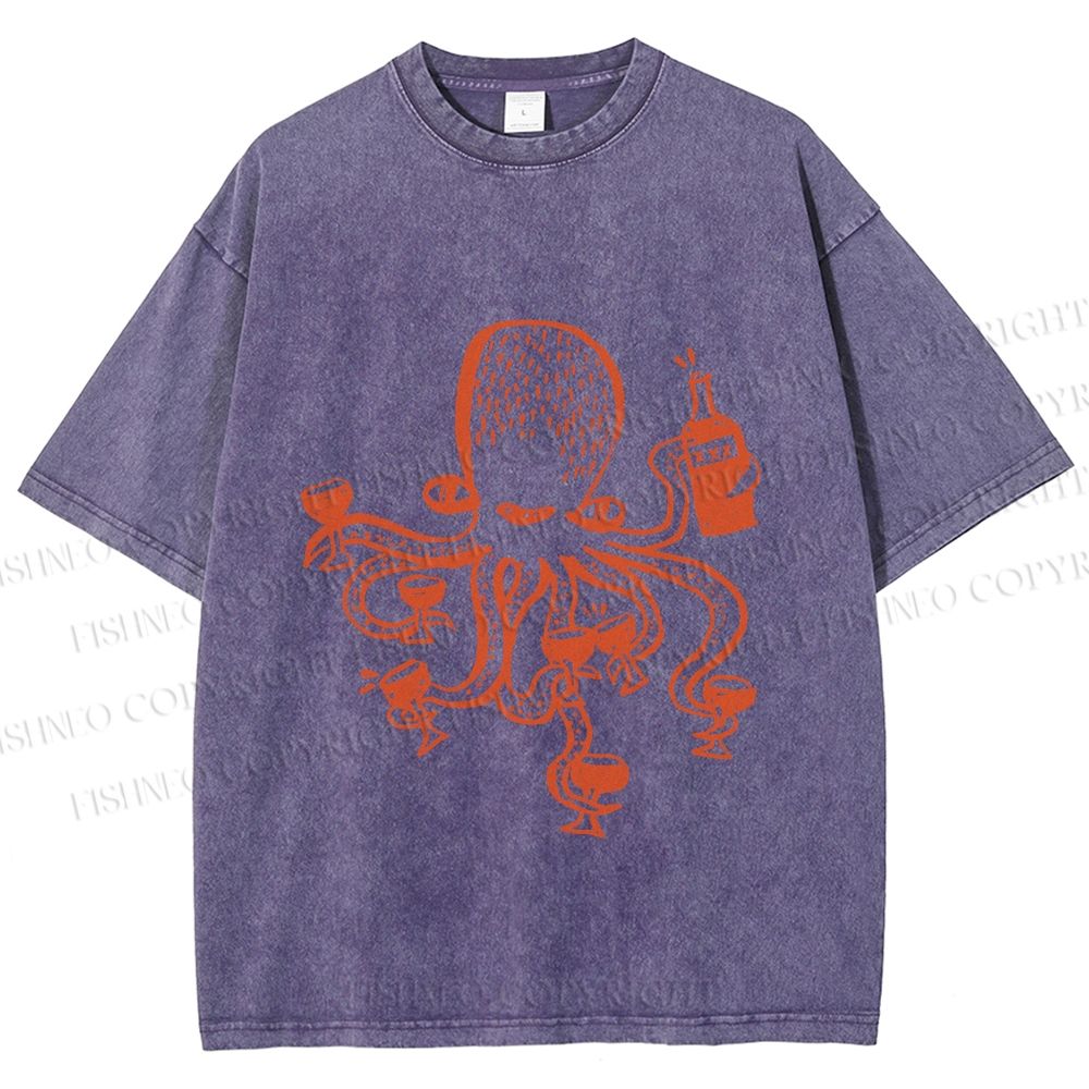 Unisex Funny Octopus Get Drunk Printed Washed Tee