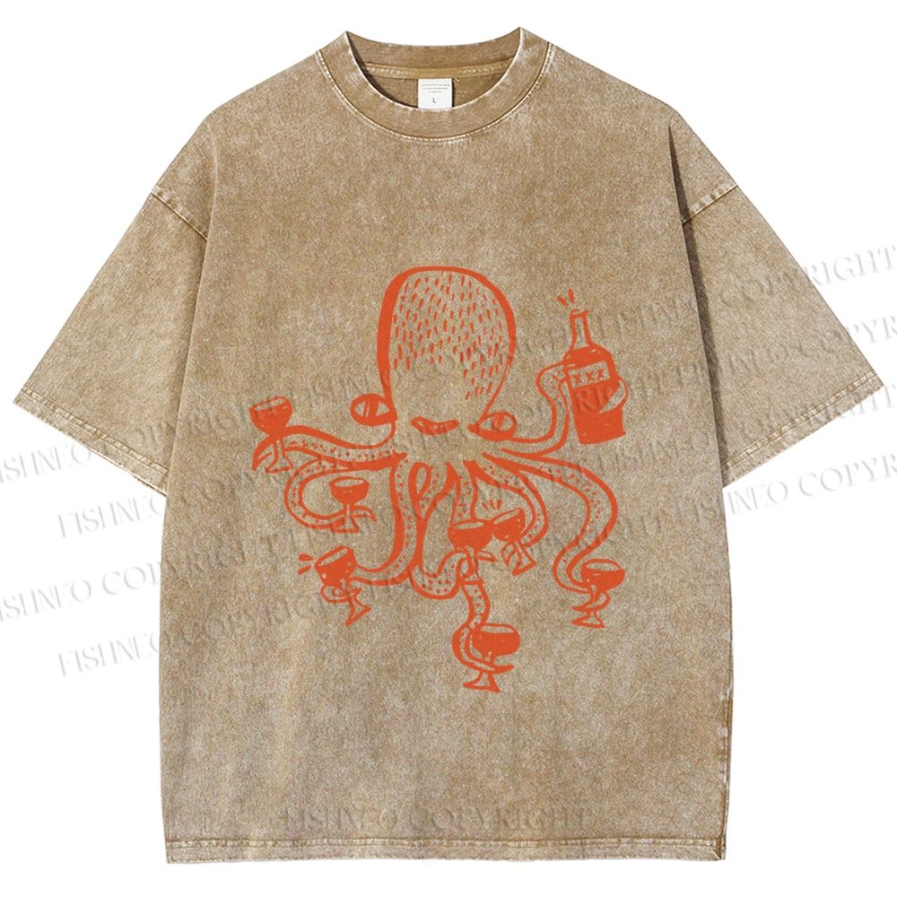 Unisex Funny Octopus Get Drunk Printed Washed Tee