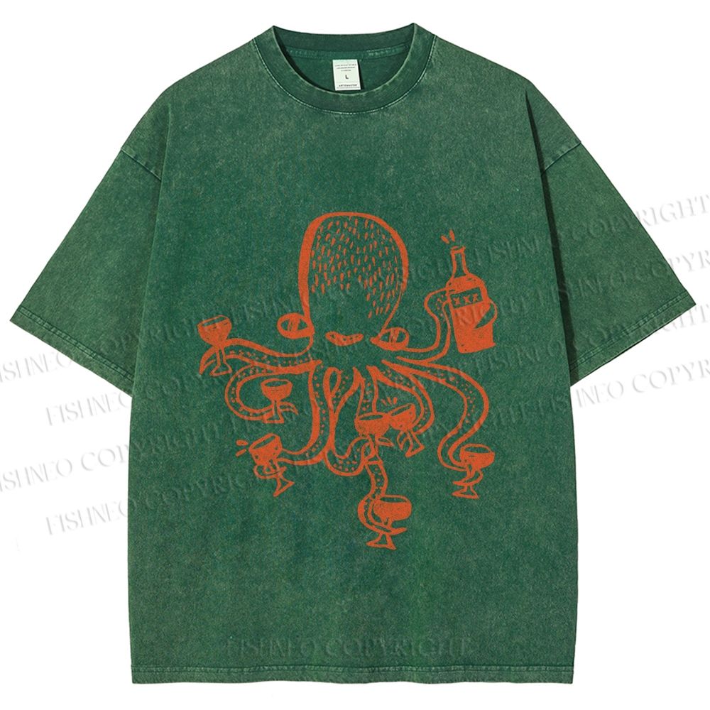 Unisex Funny Octopus Get Drunk Printed Washed Tee