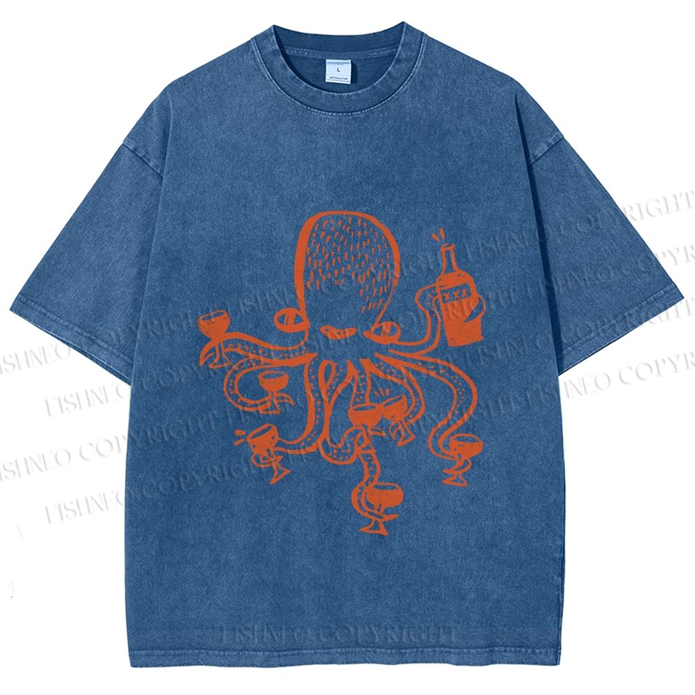 Unisex Funny Octopus Get Drunk Printed Washed Tee