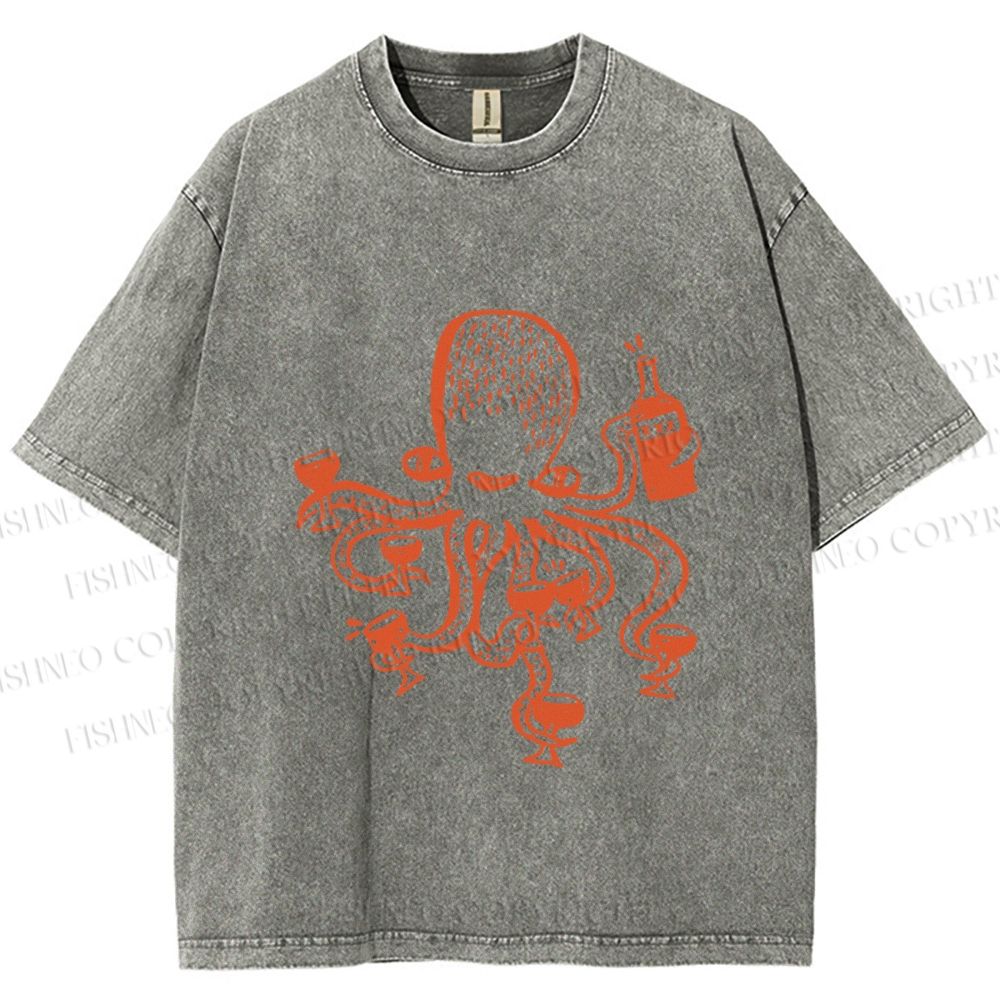Unisex Funny Octopus Get Drunk Printed Washed Tee