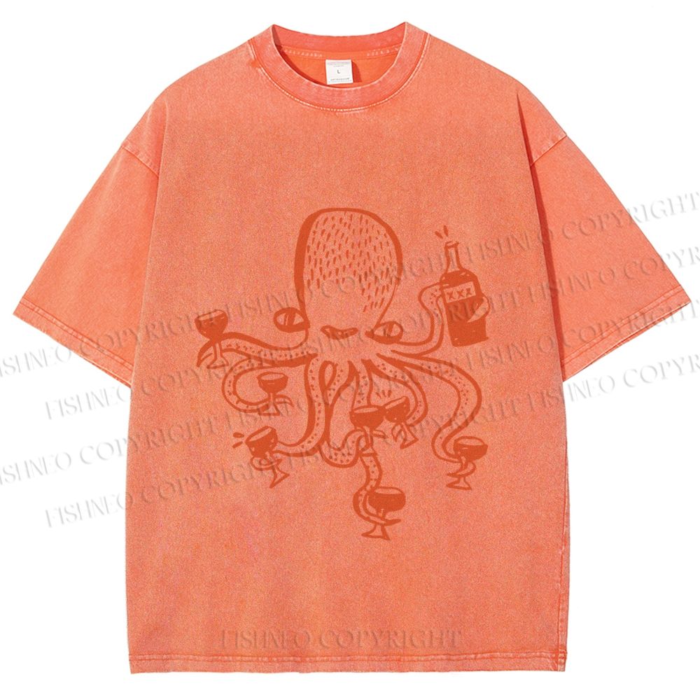 Unisex Funny Octopus Get Drunk Printed Washed Tee