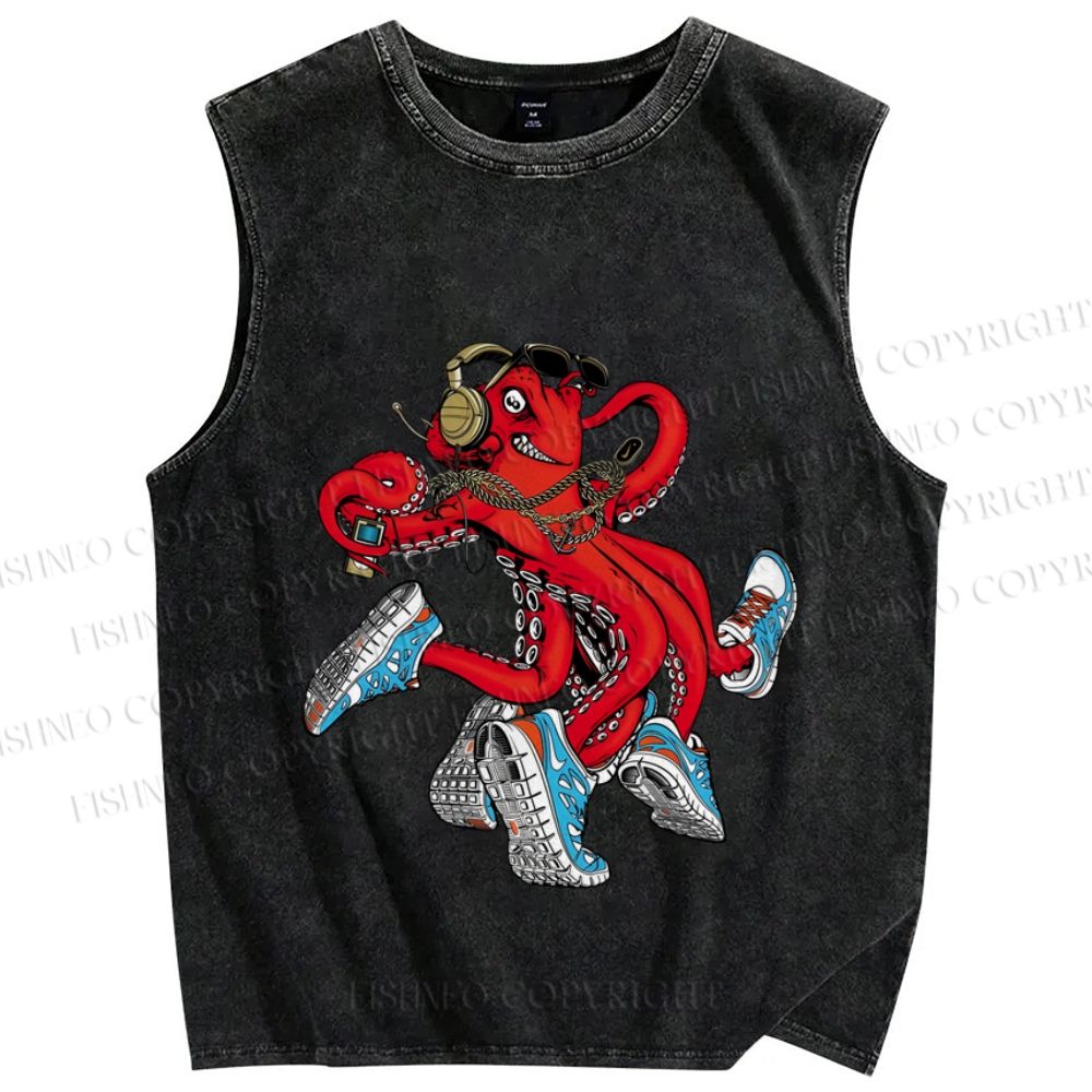 Unisex Vintage Octopus Doing Sports Printed Washed Tank Top