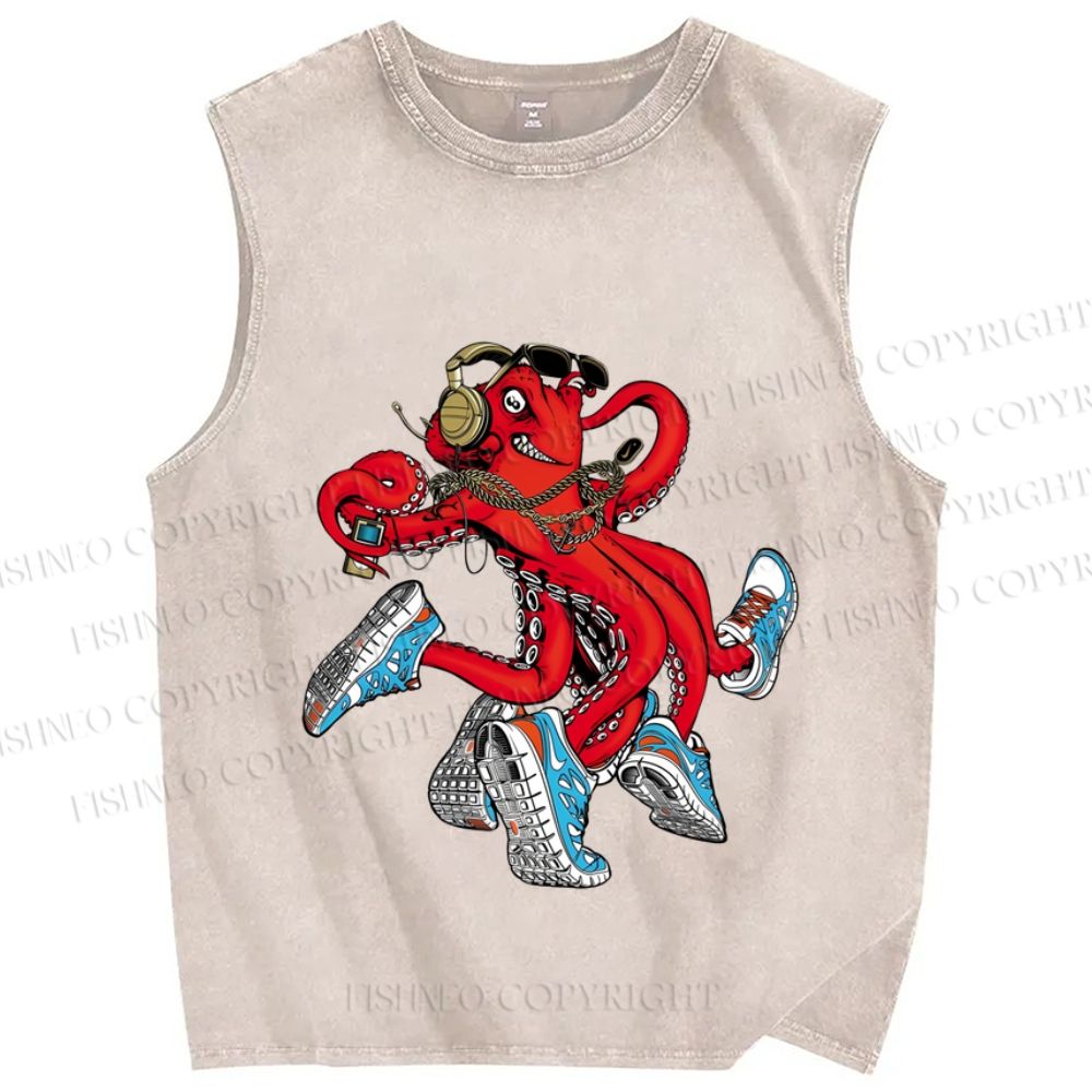 Unisex Vintage Octopus Doing Sports Printed Washed Tank Top