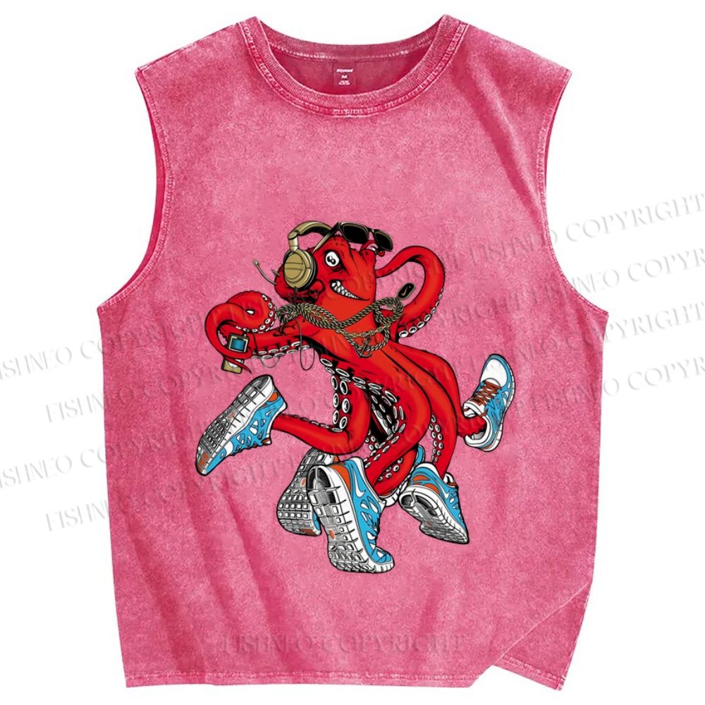 Unisex Vintage Octopus Doing Sports Printed Washed Tank Top