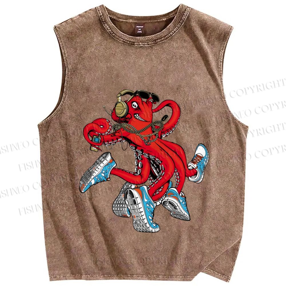 Unisex Vintage Octopus Doing Sports Printed Washed Tank Top