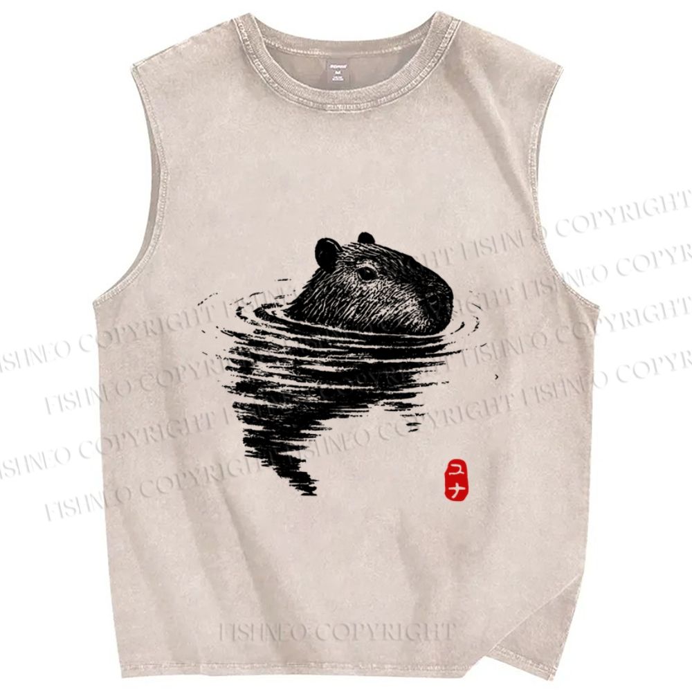 Unisex Swimming Capybara Vintage Printed Washed Tank Top