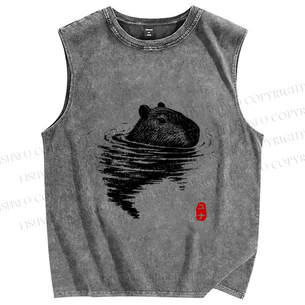 Unisex Swimming Capybara Vintage Printed Washed Tank Top