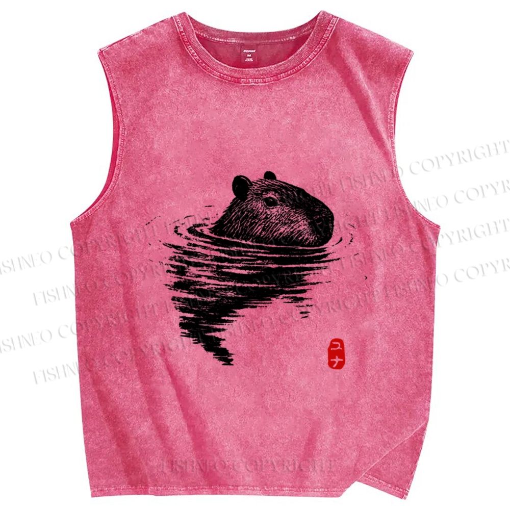 Unisex Swimming Capybara Vintage Printed Washed Tank Top