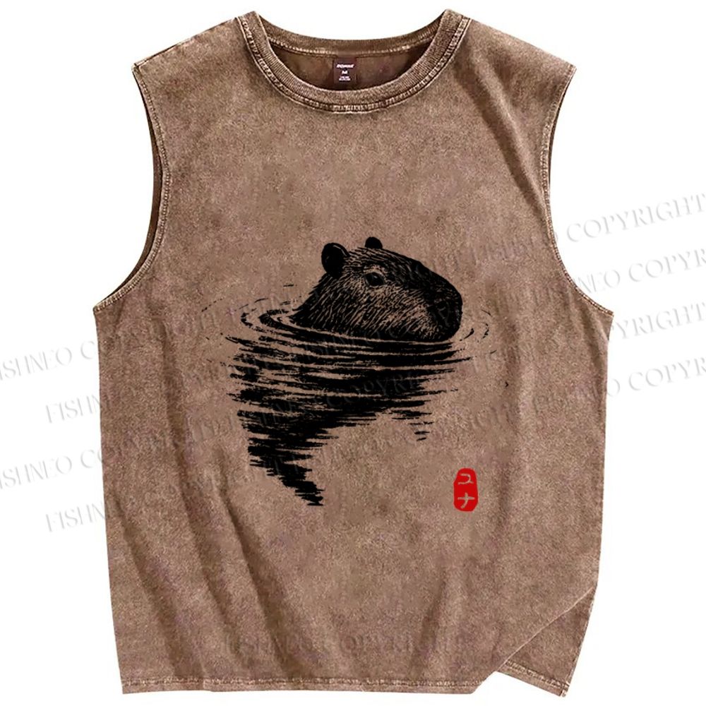 Unisex Swimming Capybara Vintage Printed Washed Tank Top