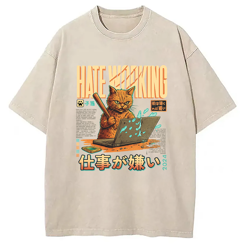 A Cat That Hates Working Washed T-Shirt