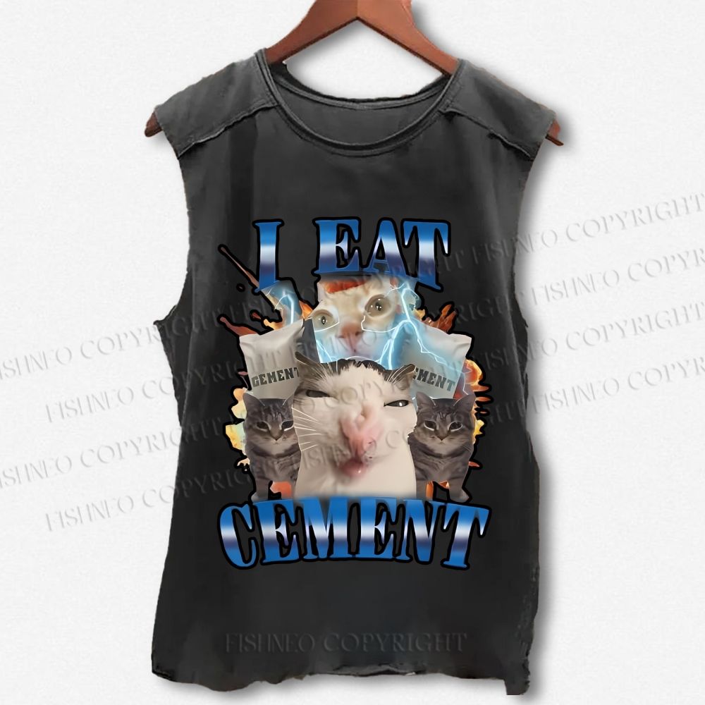 Unisex I Eat Cement Funny Cat Printed Washed Tank Top