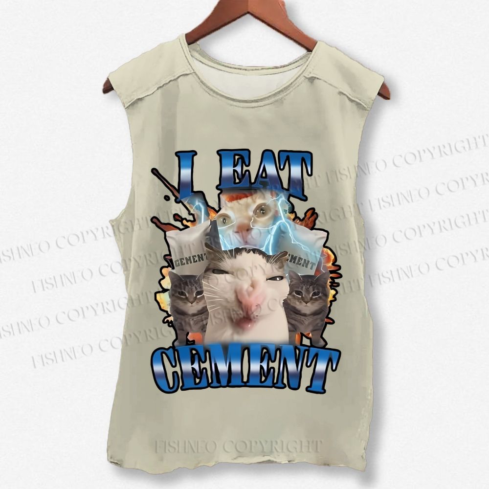 Unisex I Eat Cement Funny Cat Printed Washed Tank Top
