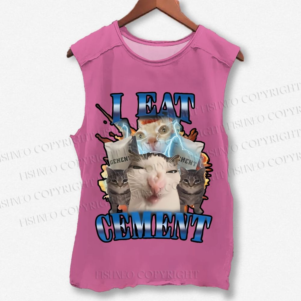 Unisex I Eat Cement Funny Cat Printed Washed Tank Top
