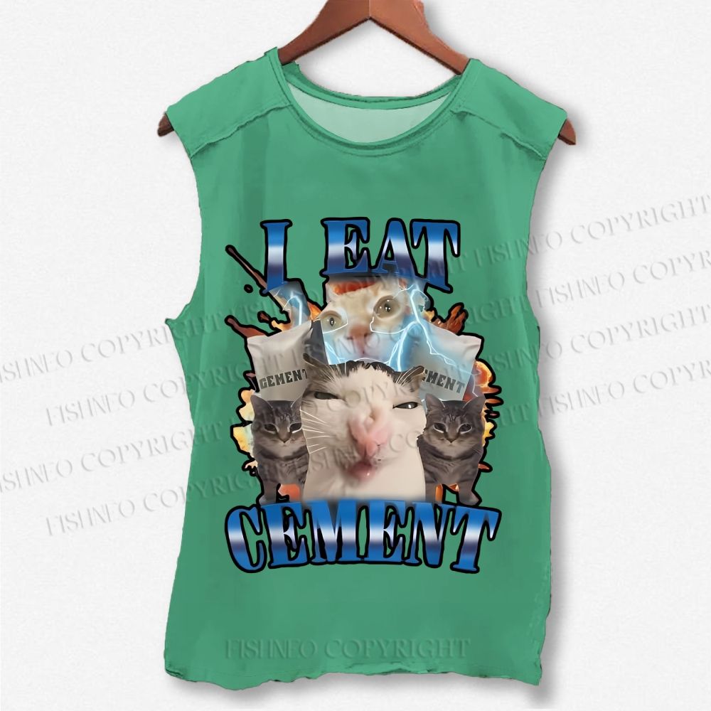 Unisex I Eat Cement Funny Cat Printed Washed Tank Top