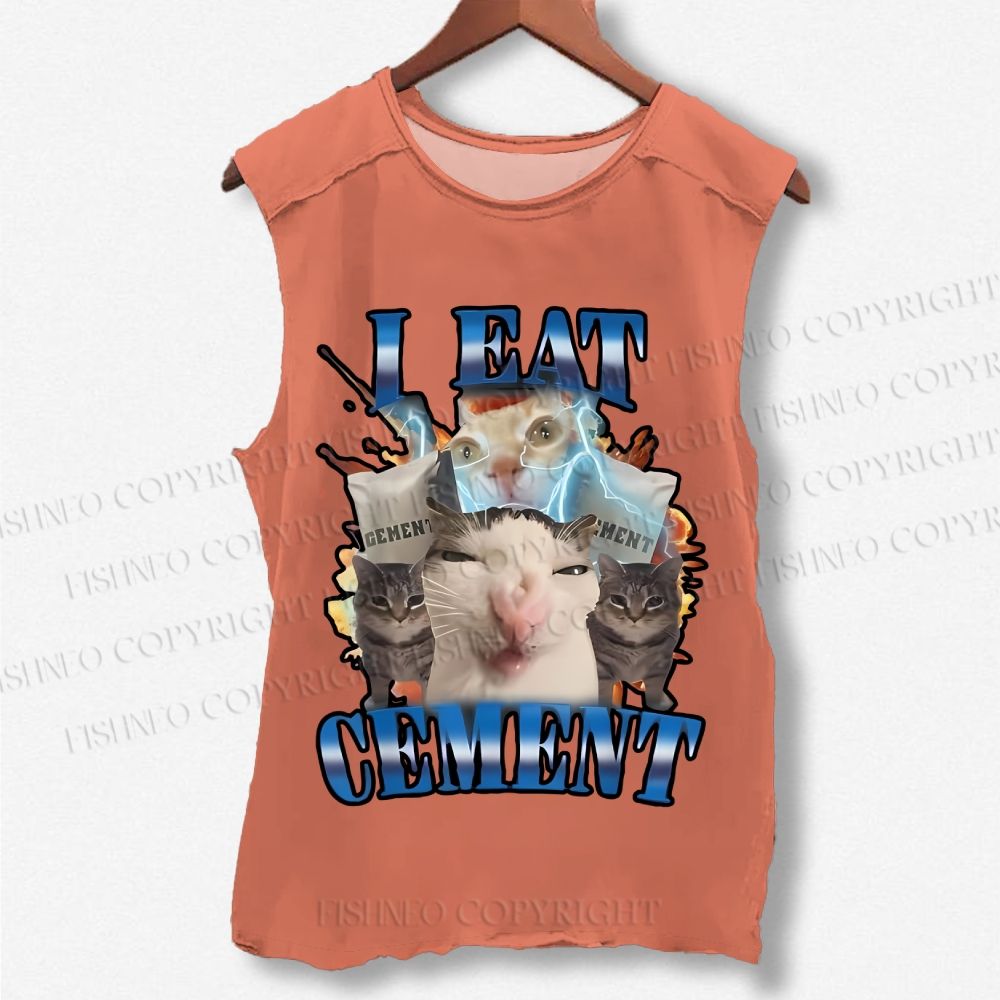 Unisex I Eat Cement Funny Cat Printed Washed Tank Top