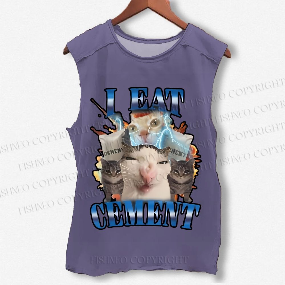 Unisex I Eat Cement Funny Cat Printed Washed Tank Top