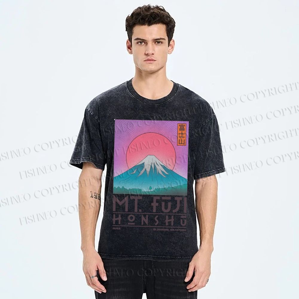 Unisex Vintage Japanese Honshu Mount Fuji Printed Washed Tee