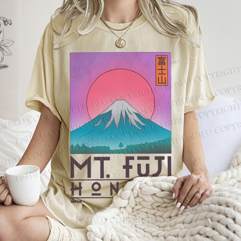 Unisex Vintage Japanese Honshu Mount Fuji Printed Washed Tee
