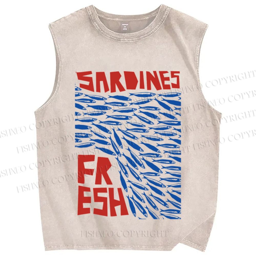 Unisex Fresh Sardines Fish Printed Washed Tank Top