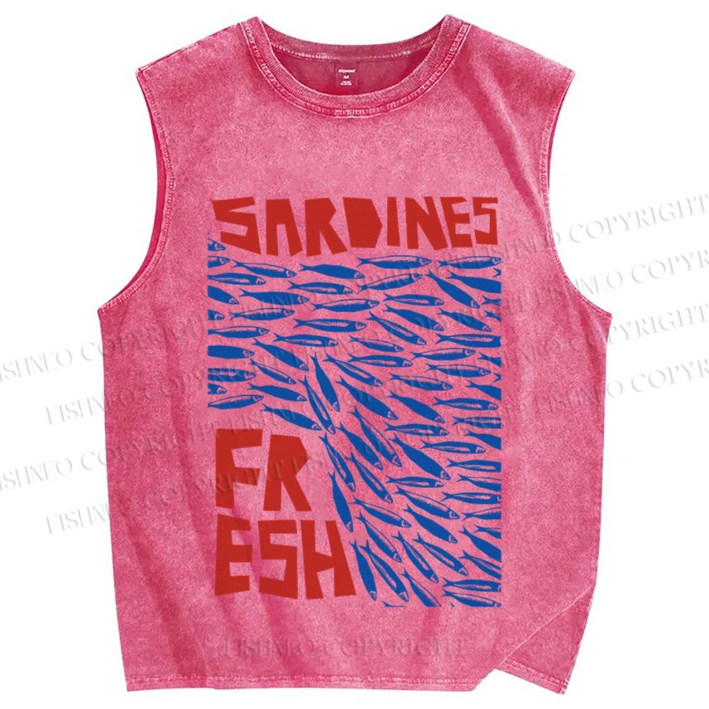 Unisex Fresh Sardines Fish Printed Washed Tank Top