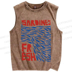 Unisex Fresh Sardines Fish Printed Washed Tank Top