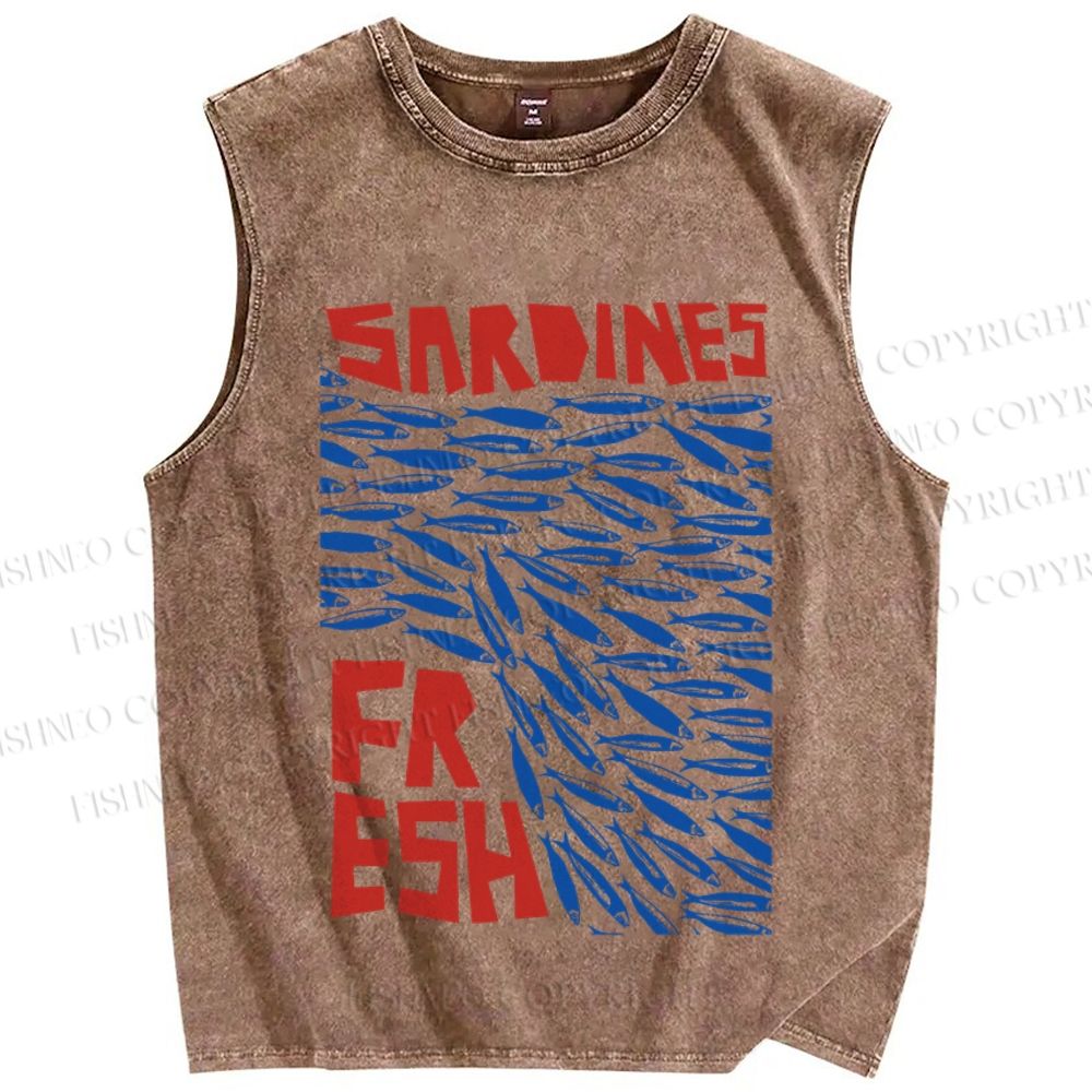Unisex Fresh Sardines Fish Printed Washed Tank Top
