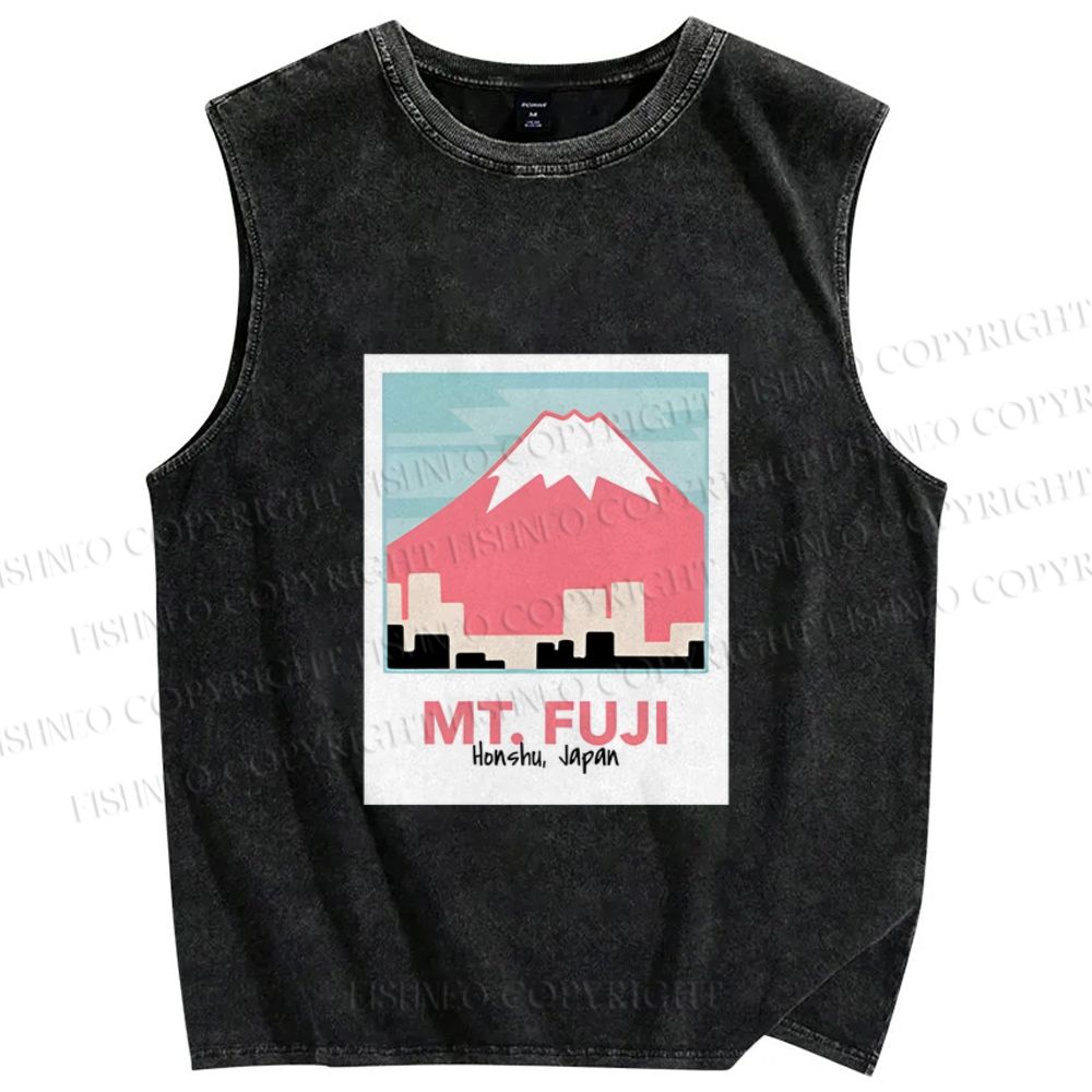 Unisex Japanese Mount Fuji Printed Washed Tank Top