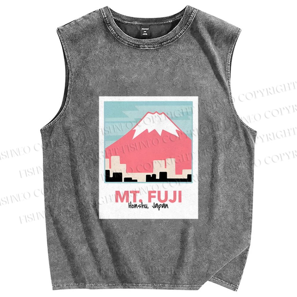 Unisex Japanese Mount Fuji Printed Washed Tank Top