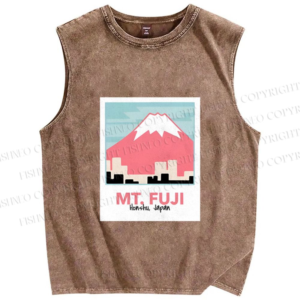Unisex Japanese Mount Fuji Printed Washed Tank Top