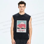 Unisex Japanese Mount Fuji Printed Washed Tank Top
