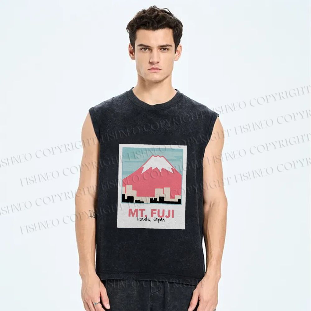 Unisex Japanese Mount Fuji Printed Washed Tank Top