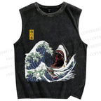 Unisex Japanese Great White Shark Printed Washed Tank Top