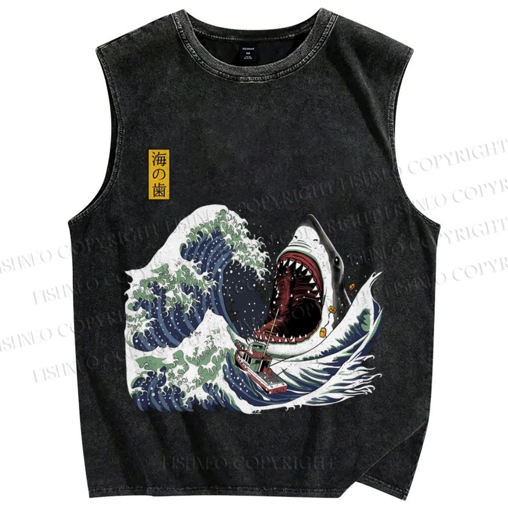 Unisex Japanese Great White Shark Printed Washed Tank Top