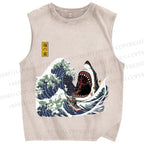 Unisex Japanese Great White Shark Printed Washed Tank Top