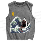 Unisex Japanese Great White Shark Printed Washed Tank Top