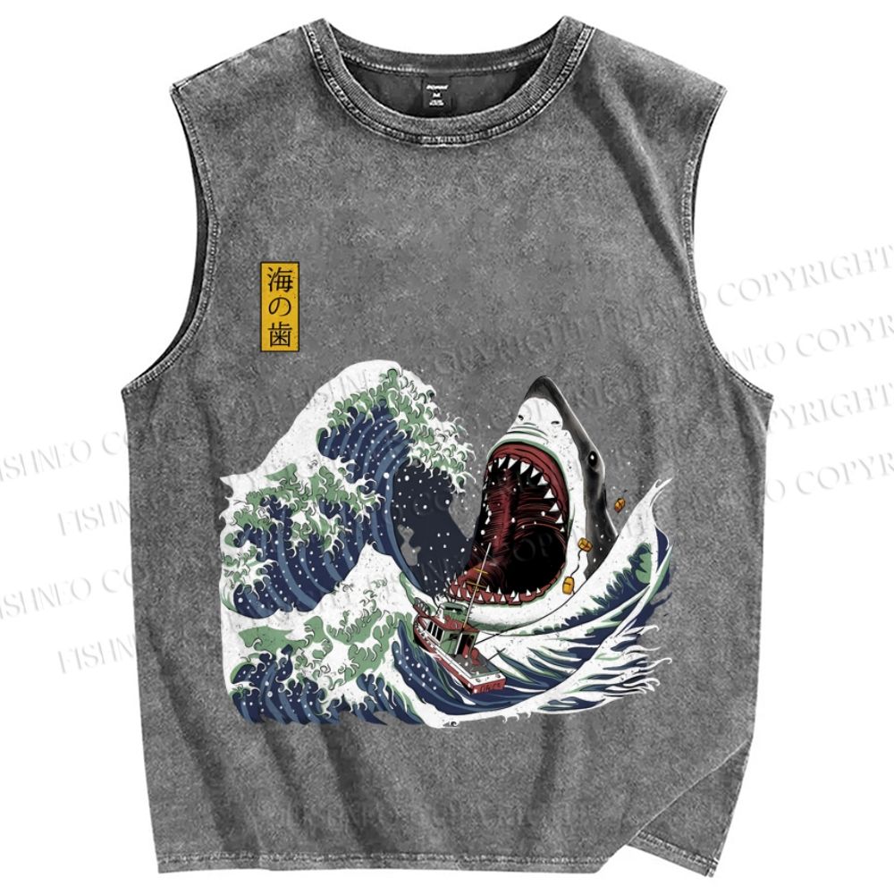 Unisex Japanese Great White Shark Printed Washed Tank Top