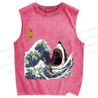 Unisex Japanese Great White Shark Printed Washed Tank Top