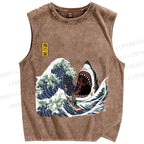 Unisex Japanese Great White Shark Printed Washed Tank Top