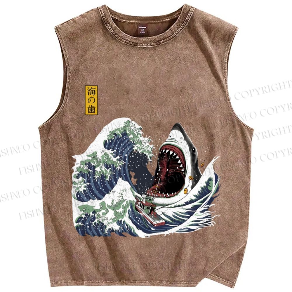 Unisex Japanese Great White Shark Printed Washed Tank Top