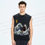 Unisex Japanese Great White Shark Printed Washed Tank Top