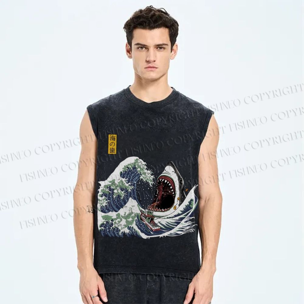 Unisex Japanese Great White Shark Printed Washed Tank Top