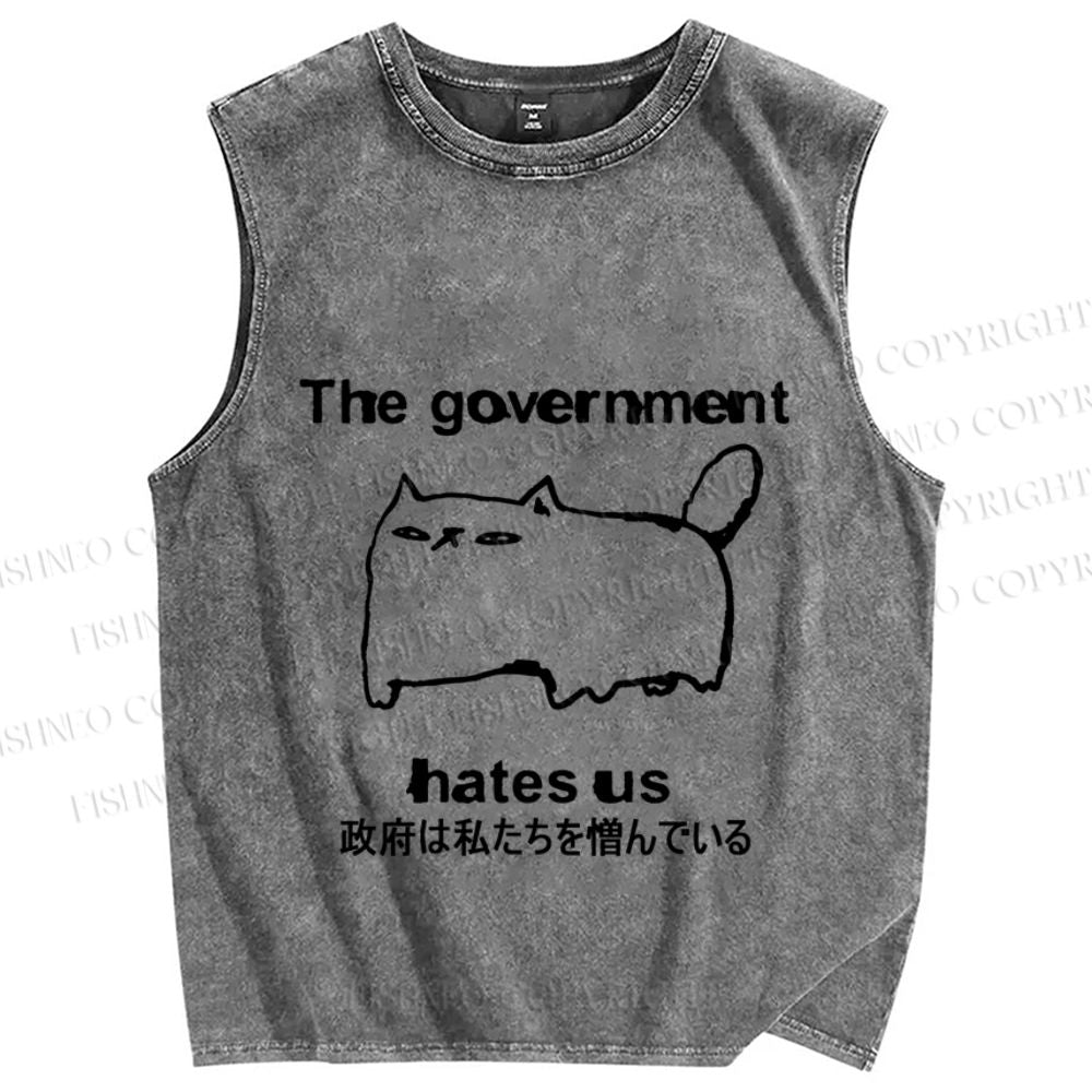 Unisex The government hate us Cat Printed Washed Tank Top