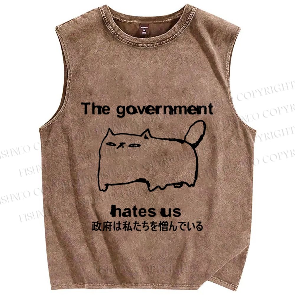Unisex The government hate us Cat Printed Washed Tank Top