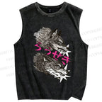 Unisex  Japanese Wolf  Printed Washed Tank Top
